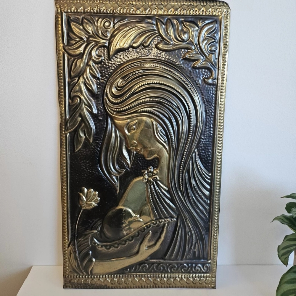 Raised Embossed Mother & Baby Copper Brass Wall Hanging Plaque New Mom Gift USSR